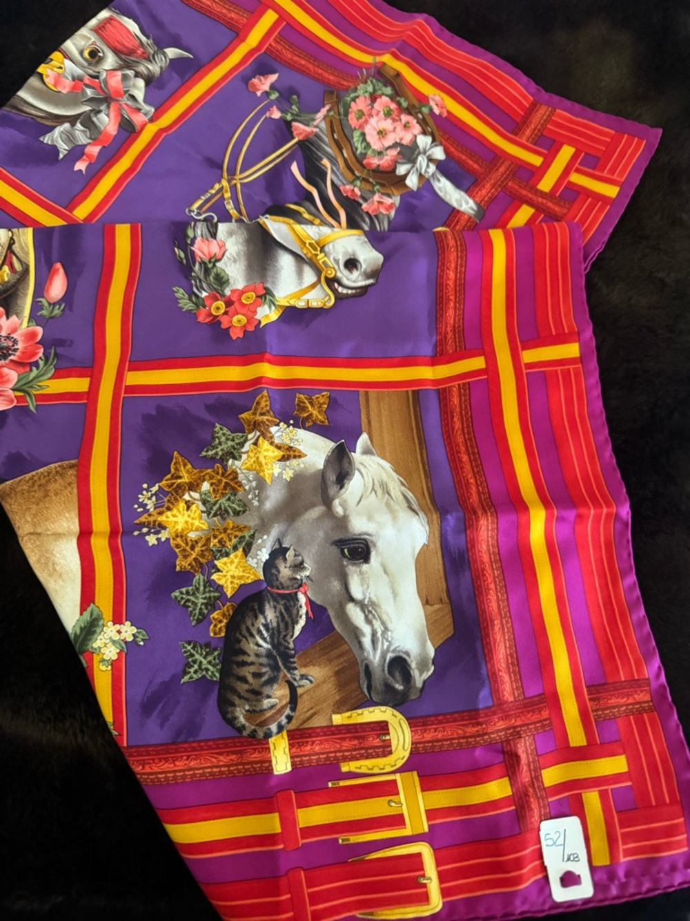 Gucci Multicolor Silk Scarf in Purple, Red & Yellow with Horses - Picture 6 of 6